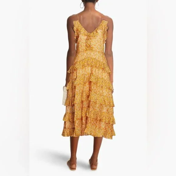 ❌❌SOLD❌❌450 MAJE Printed Cotton Voile Dress With Ruffles Orange | Womens Dresses - Picture 7 of 11